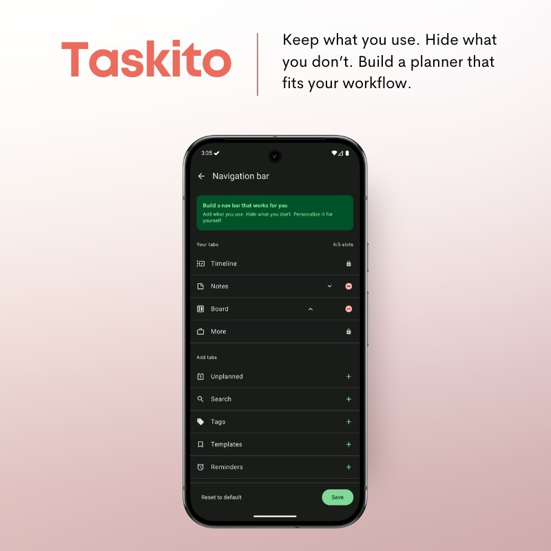 Taskito Android bottom navigation bar after customization with user-selected tabs