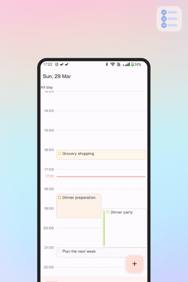 Calendar events and tasks together on the Taskito timeline