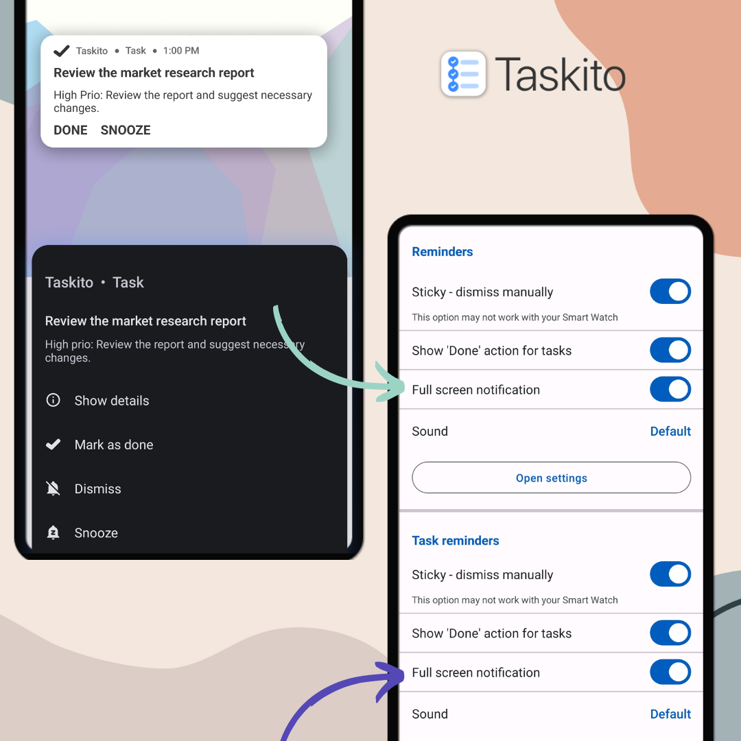 Enable full screen notifications for task reminder notifications