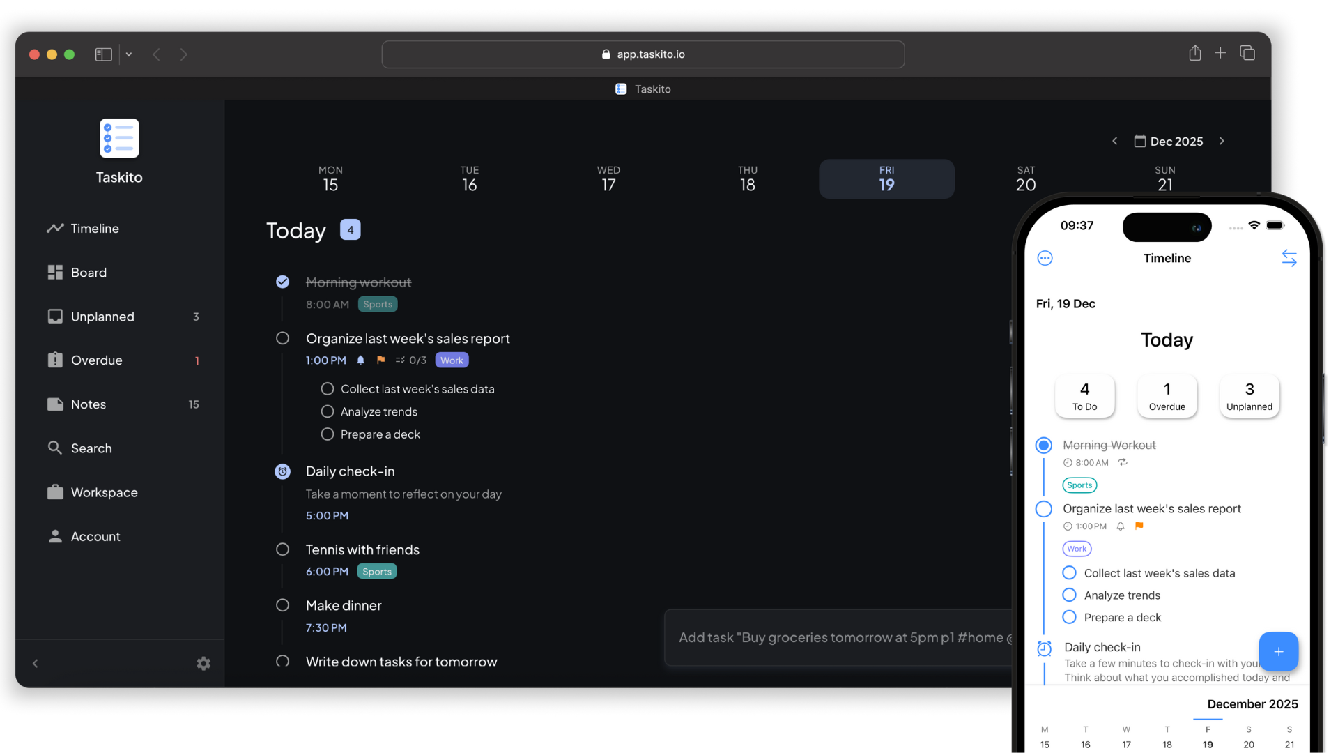 Taskito to-do list app syncing seamlessly between an iphone and a web browser.