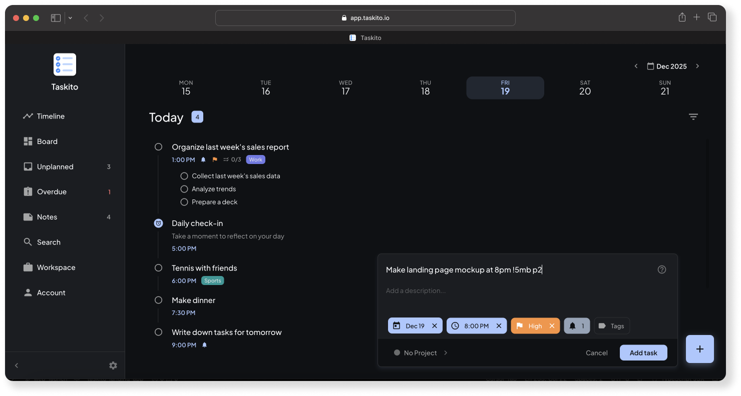 Taskito Web App interface on a desktop browser showing the full-screen timeline planner with Smart Quick Add feature.